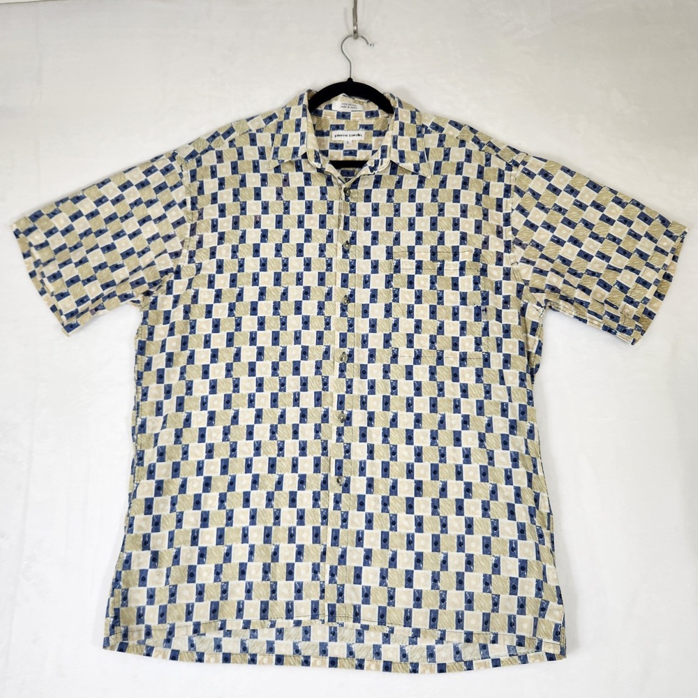 Pierre Cardin Mens Large Blue Tan Geometric Grid Cotton Short Sleeve Button Up